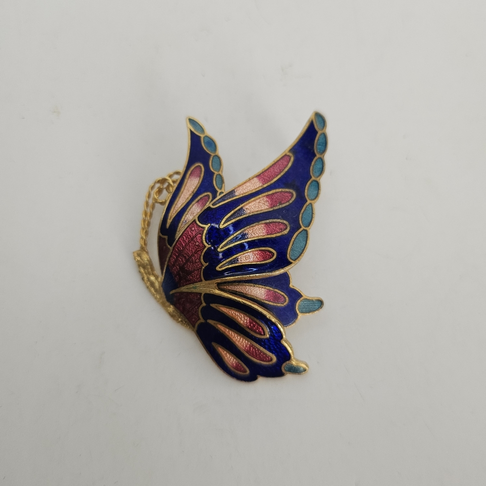 Cloisonne Butterfly Brooch Pin in Pink and Blue Colorful